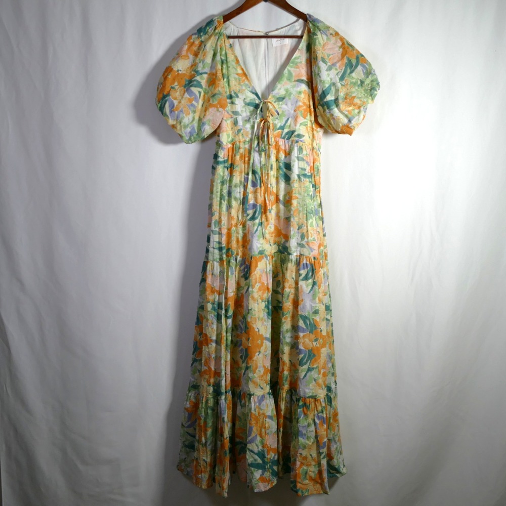 Womens Floral Puff Sleeve Tiered Maxi Dress Size S Resort Cottagecore Bohemian